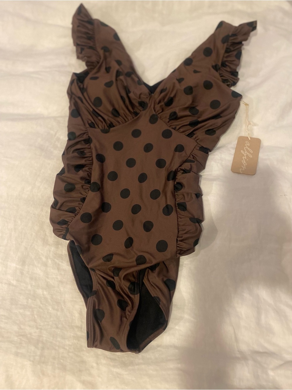 Ruffle Trim Polka Dot Women’s Swim Bodysuit in Brown